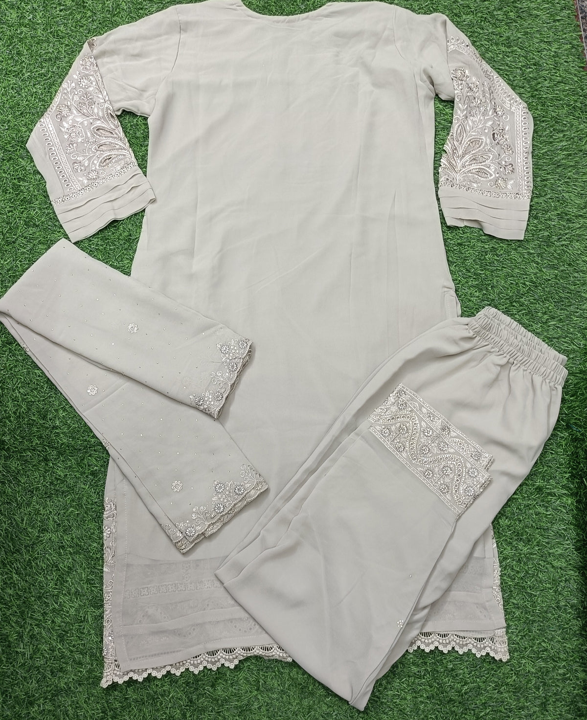 Women’s Light Cream Embroidered 3-Piece Georgette Kurti Set