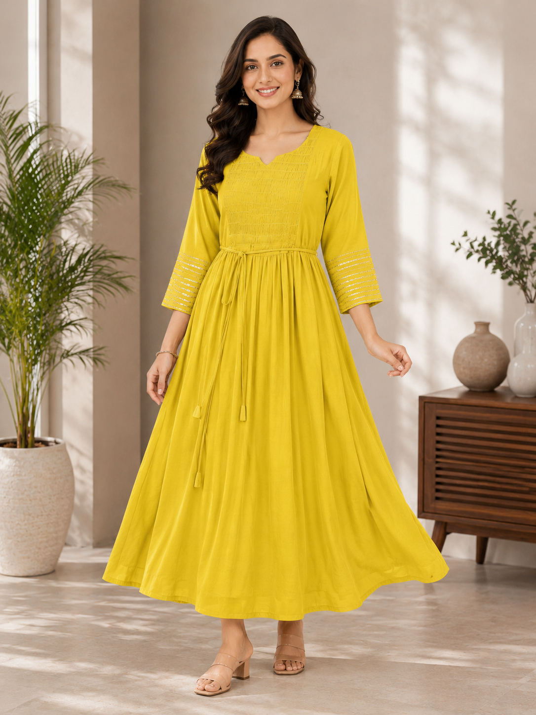 Elegant Olive green Printed Single Piece Kurti with Adjustable Waist Tie