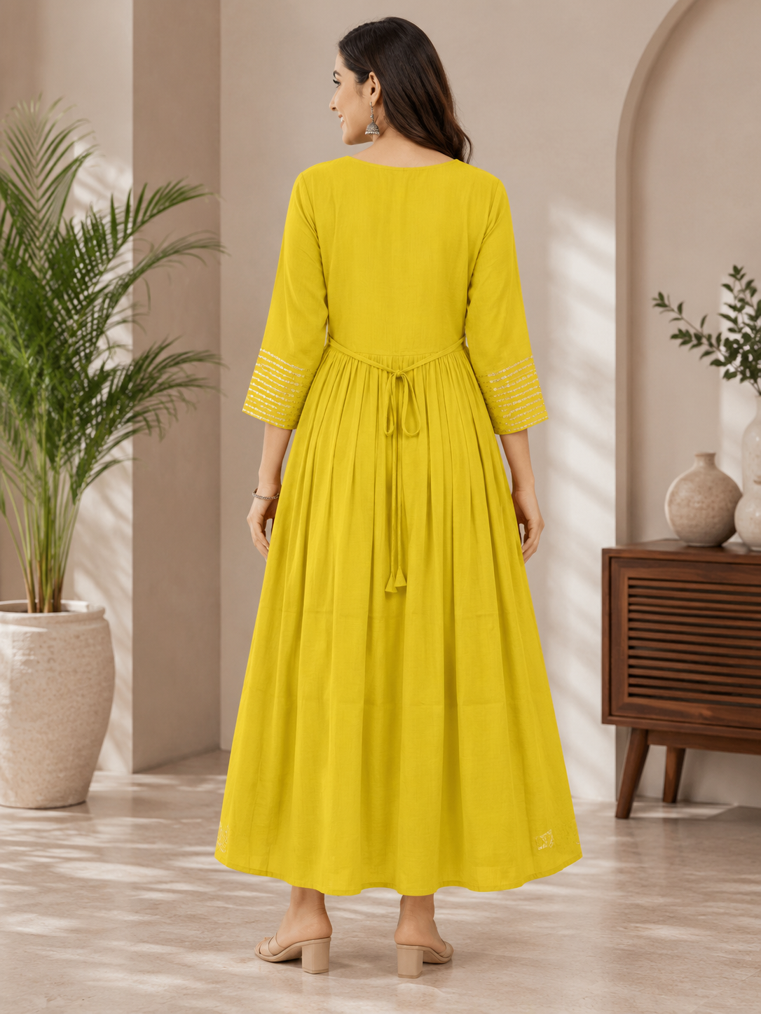 Elegant Olive green Printed Single Piece Kurti with Adjustable Waist Tie