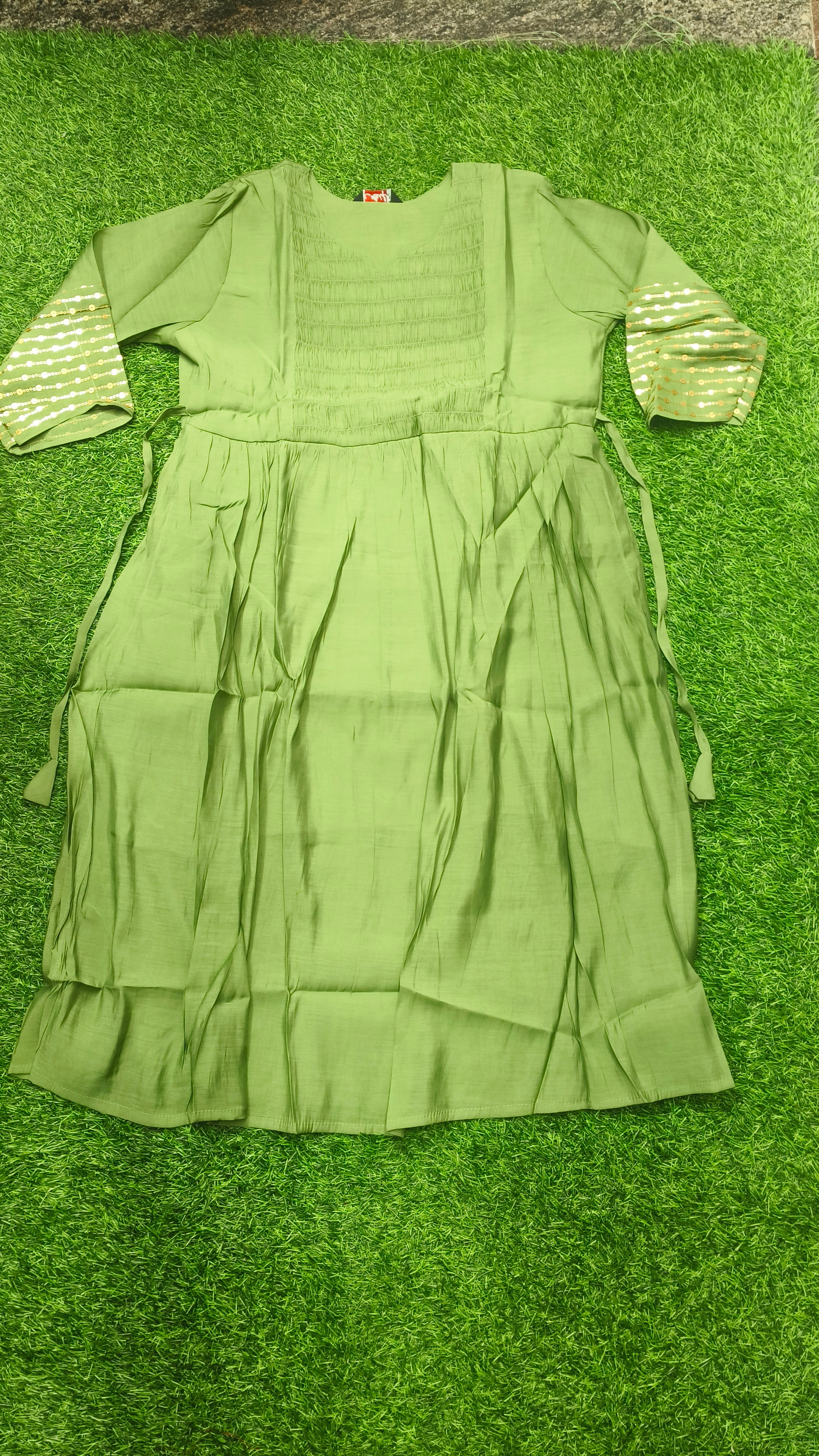 Elegant sage green Rayon Single Piece Kurti with Adjustable Waist Tie
