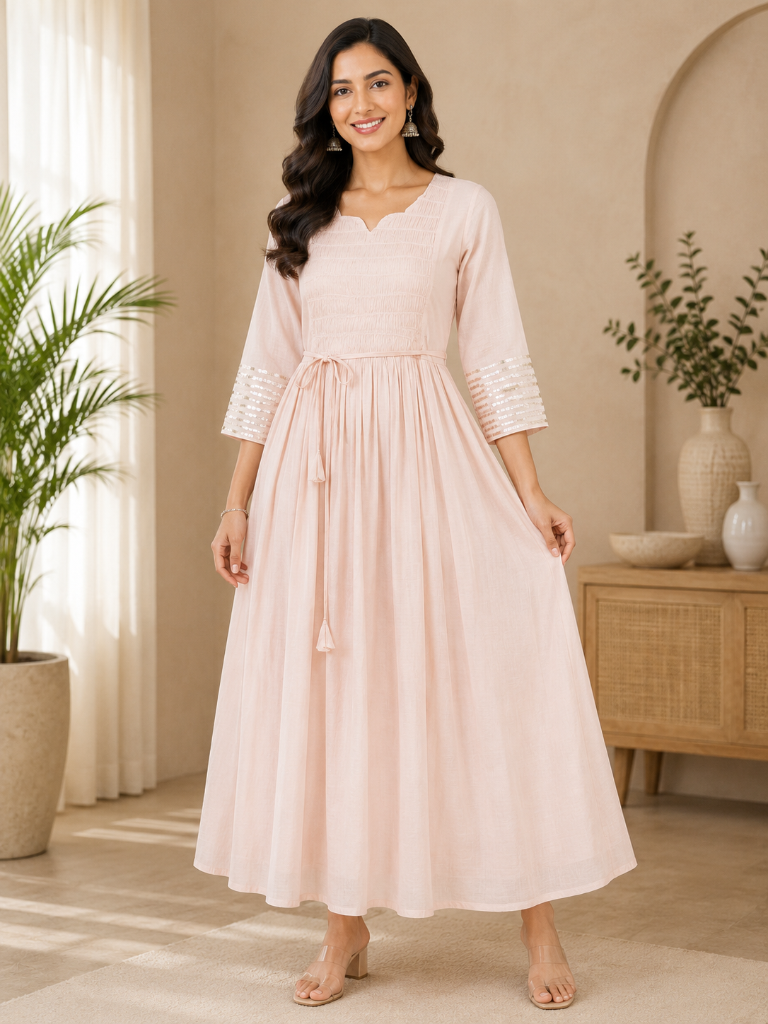 Elegant Peach shade Rayon Single Piece Kurti with Adjustable Waist Tie