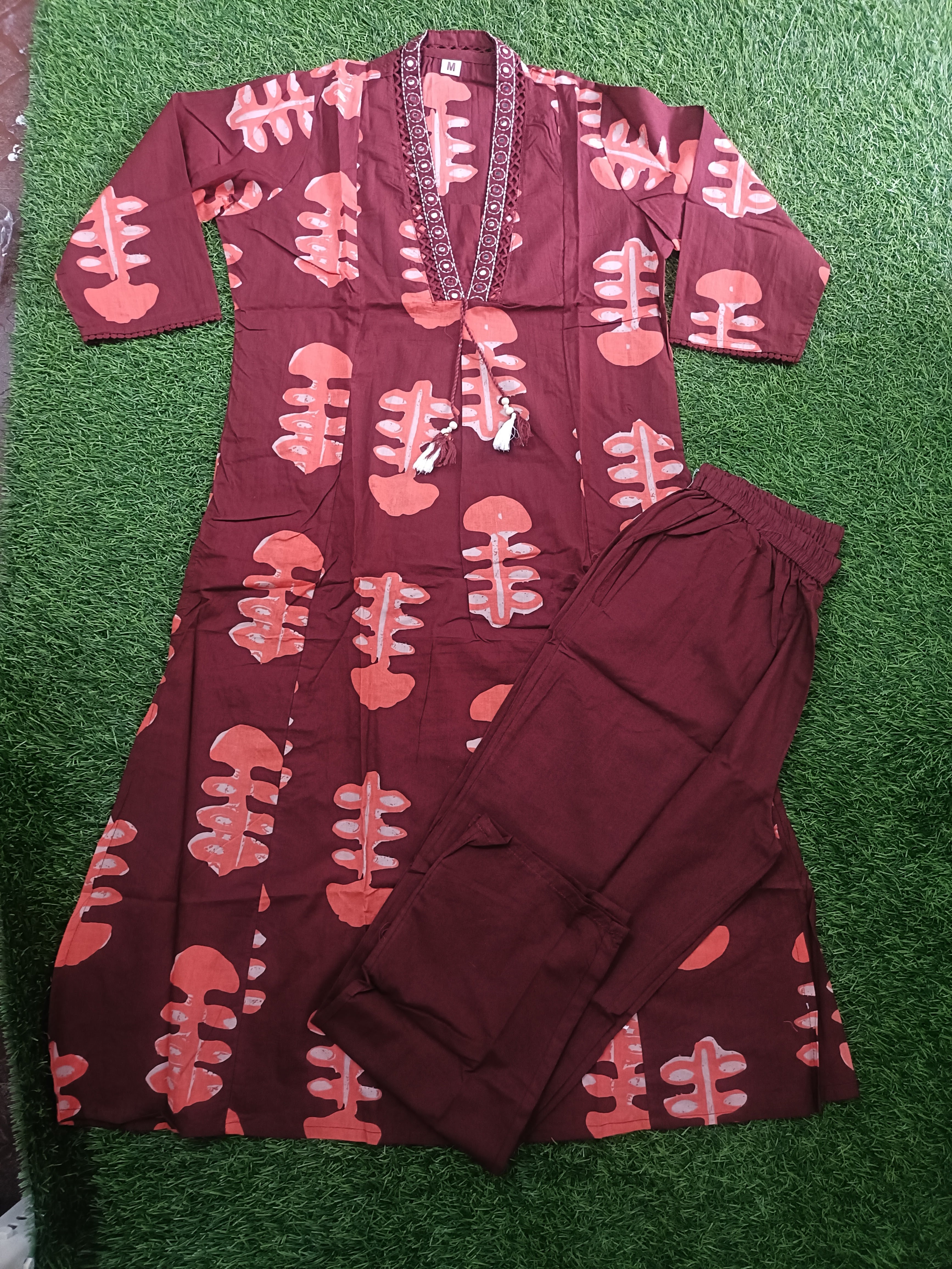 Vibrant Maroon and Peach Block-Print Style Sleeveless 2-Piece Cotton Set