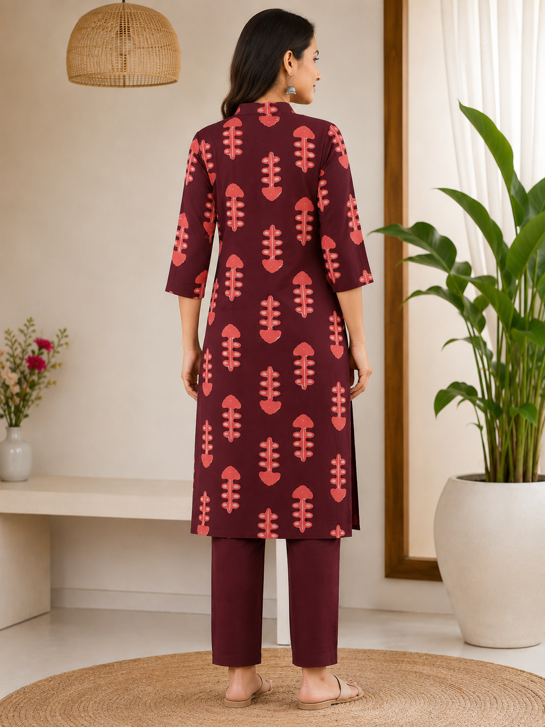 Vibrant Maroon and Peach Block-Print Style Sleeveless 2-Piece Cotton Set