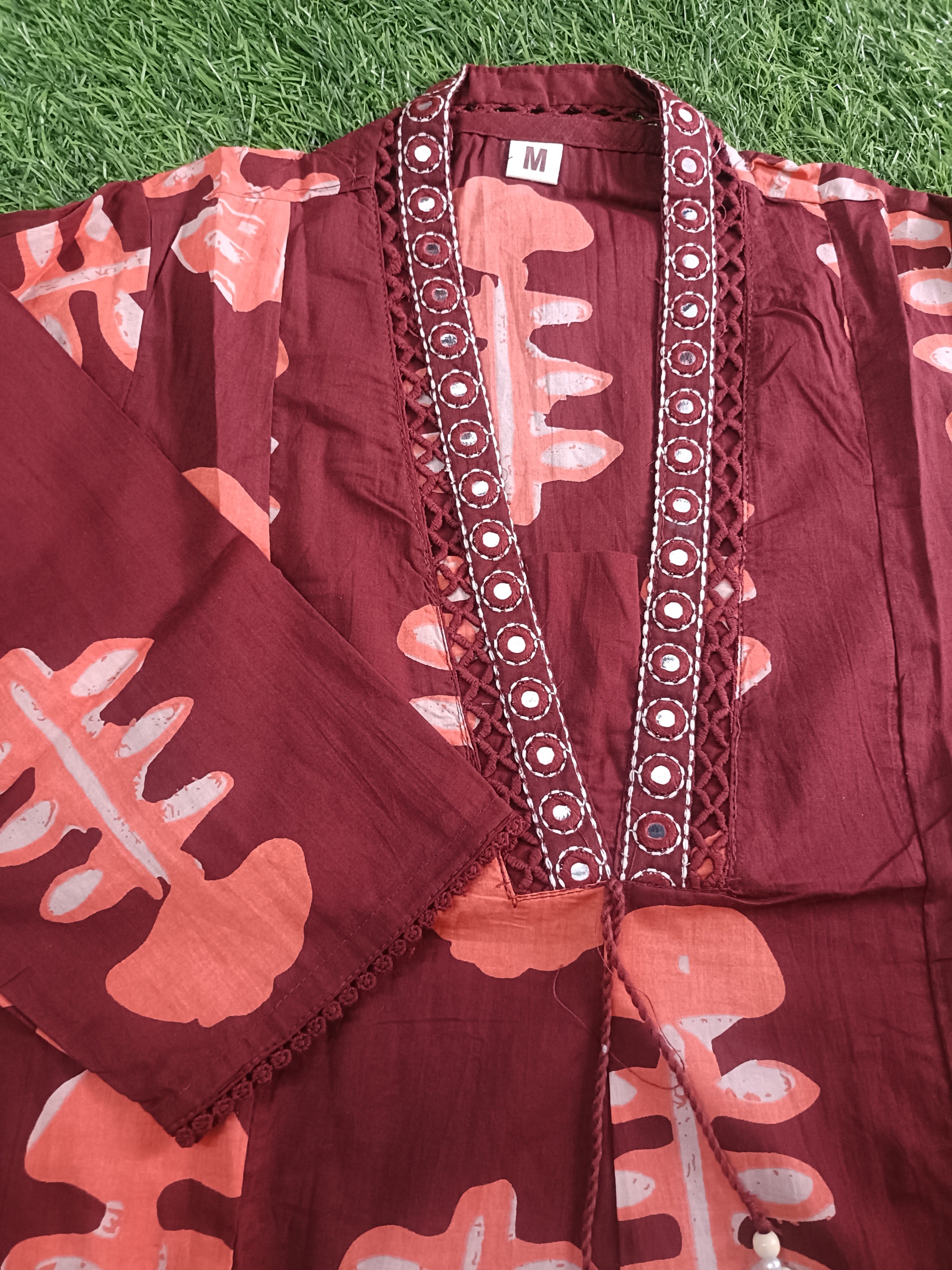 Vibrant Maroon and Peach Block-Print Style Sleeveless 2-Piece Cotton Set