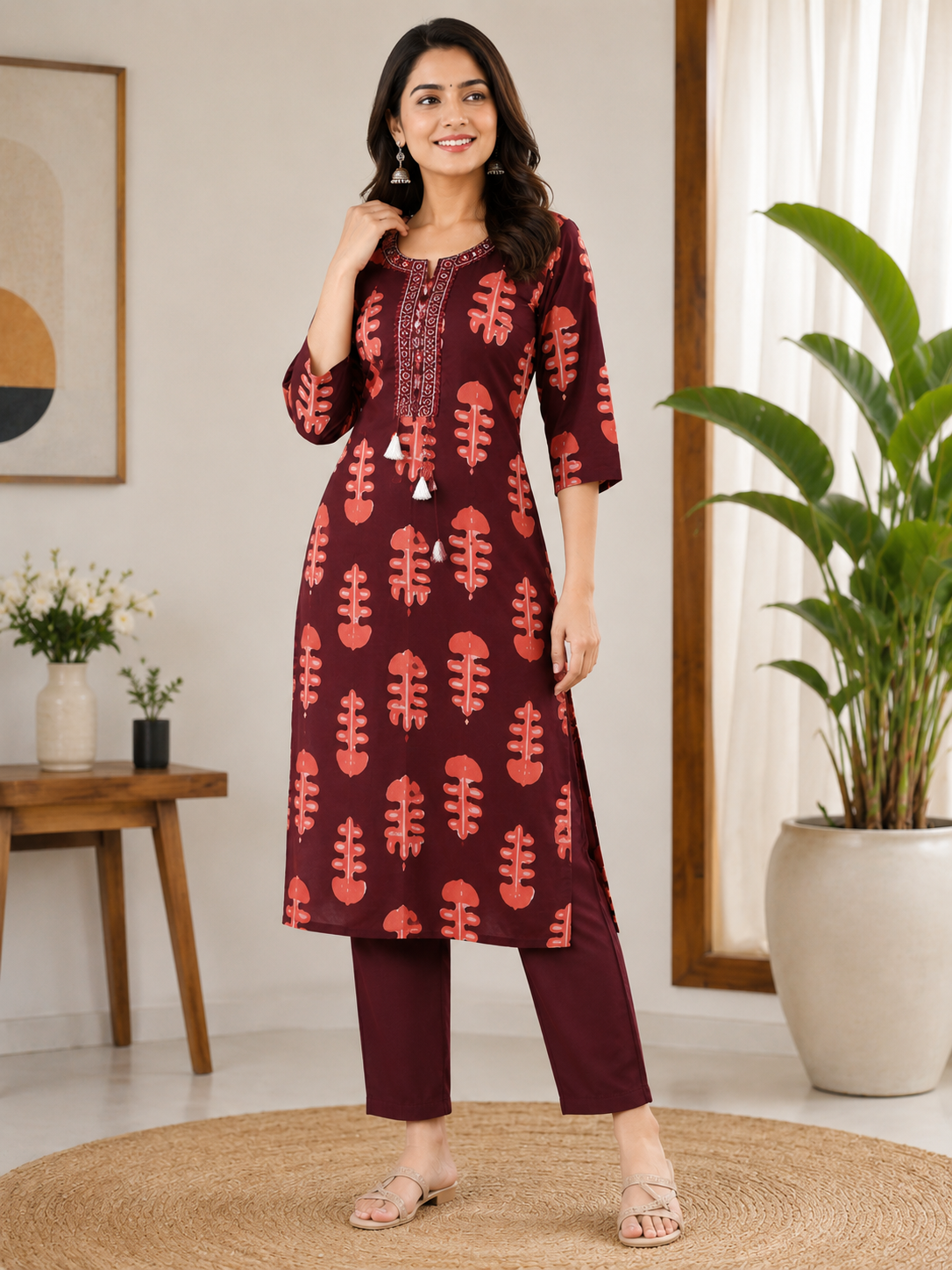 Vibrant Maroon and Peach Block-Print Style Sleeveless 2-Piece Cotton Set
