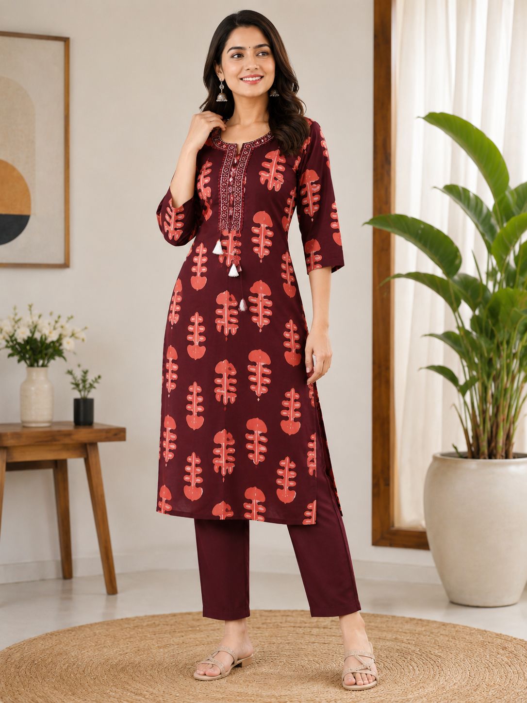 Vibrant Maroon and Peach Block-Print Style Sleeveless 2-Piece Cotton Set