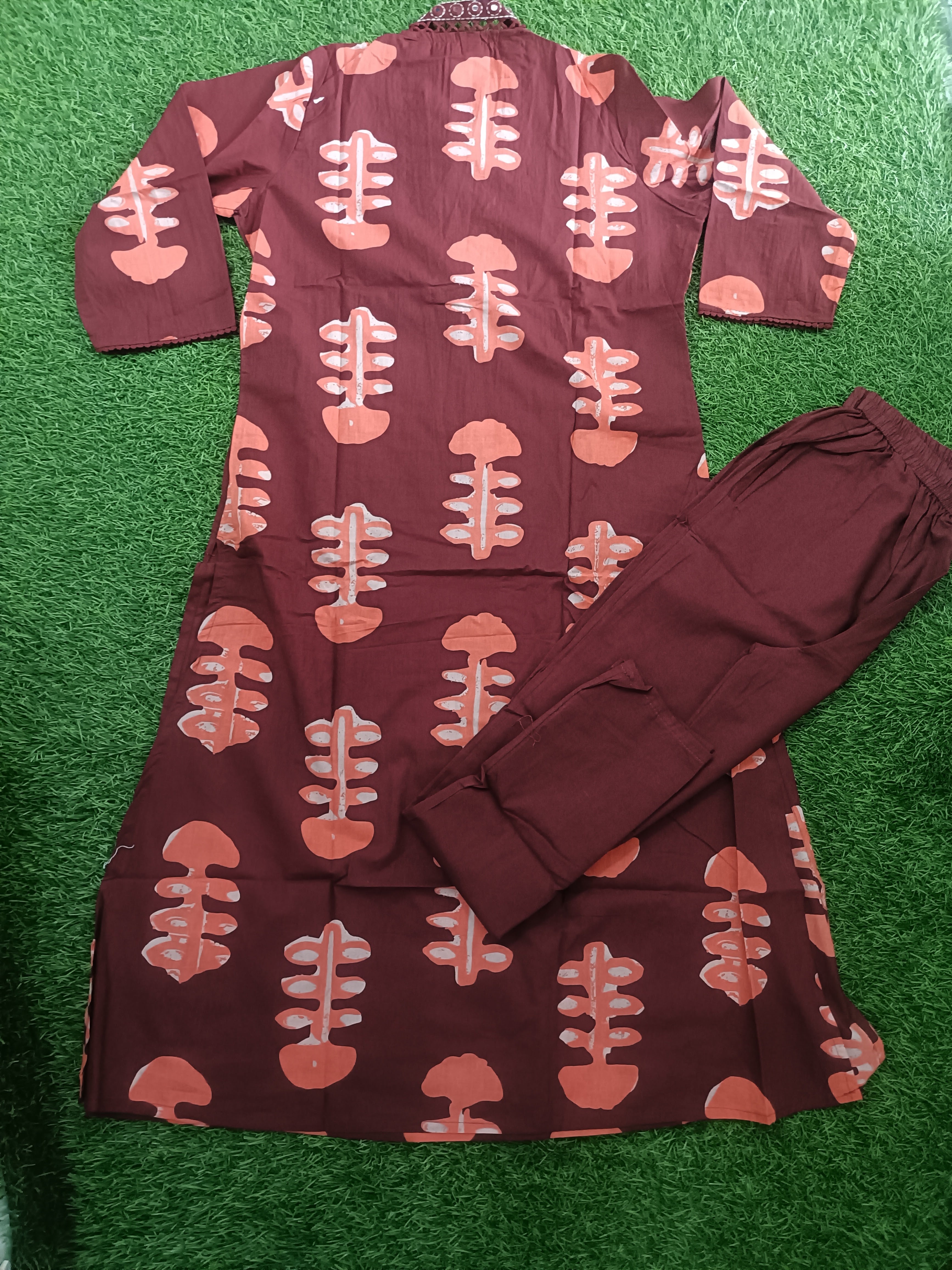 Vibrant Maroon and Peach Block-Print Style Sleeveless 2-Piece Cotton Set