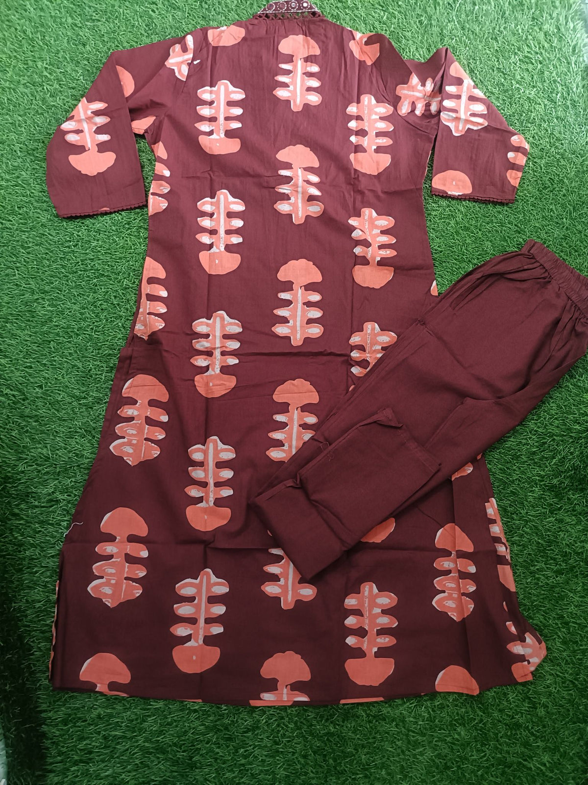 Vibrant Maroon and Peach Block-Print Style Sleeveless 2-Piece Cotton Set