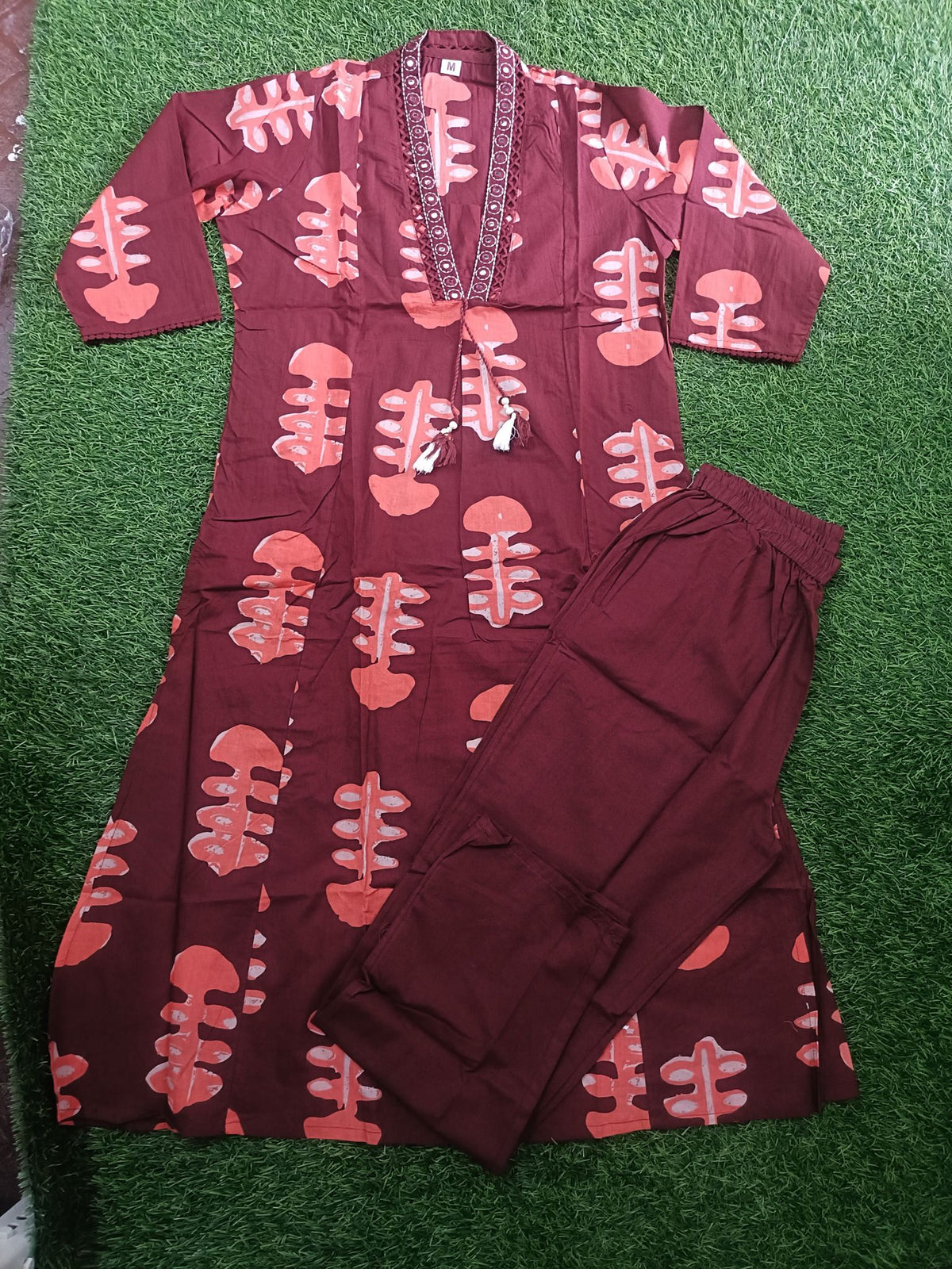 Vibrant Maroon and Peach Block-Print Style Sleeveless 2-Piece Cotton Set
