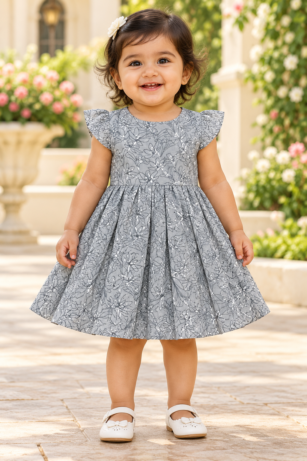 Kids Grey Floral Print Short Sleeve Frock