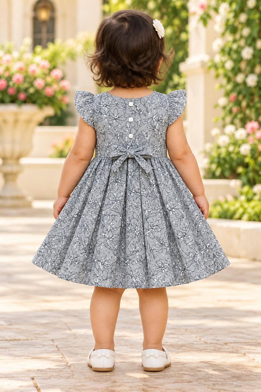Kids Grey Floral Print Short Sleeve Frock