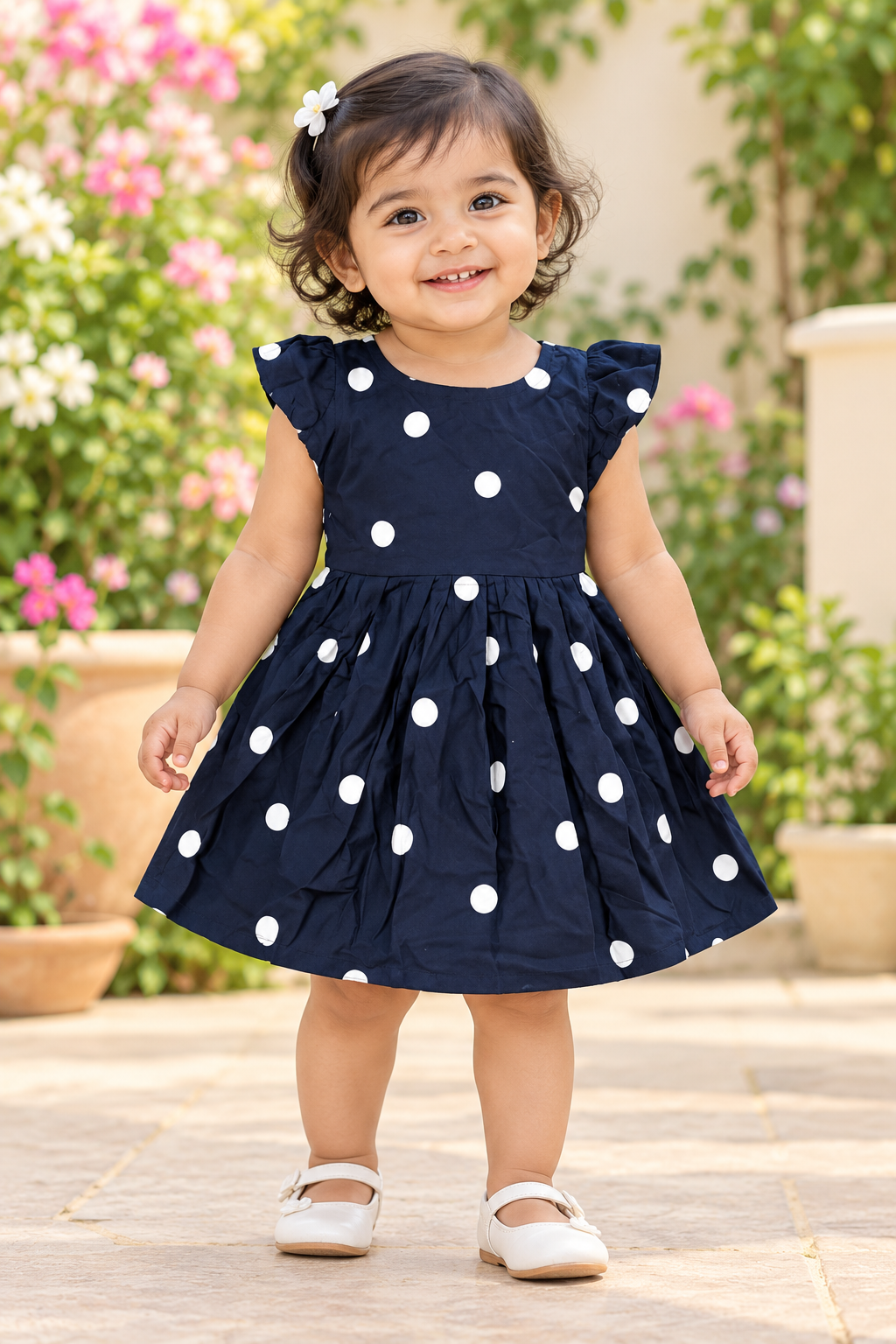 Kids Navy Blue Polka Dot Short Sleeve Frock
