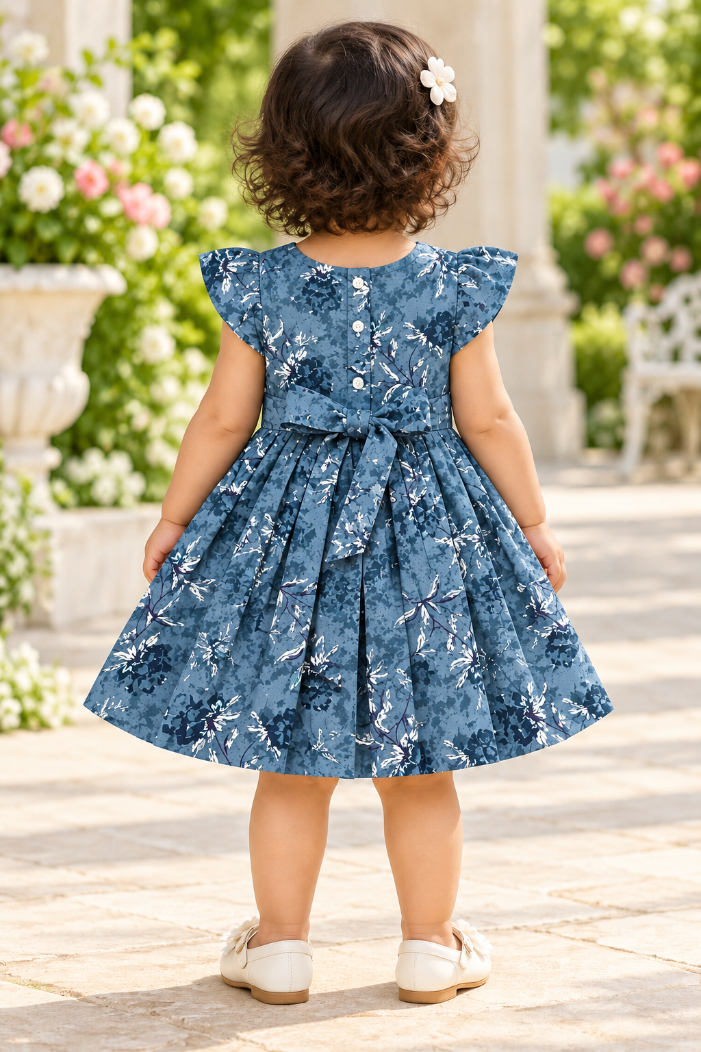 Kids Dark Blue Floral Print Short Sleeve Frock