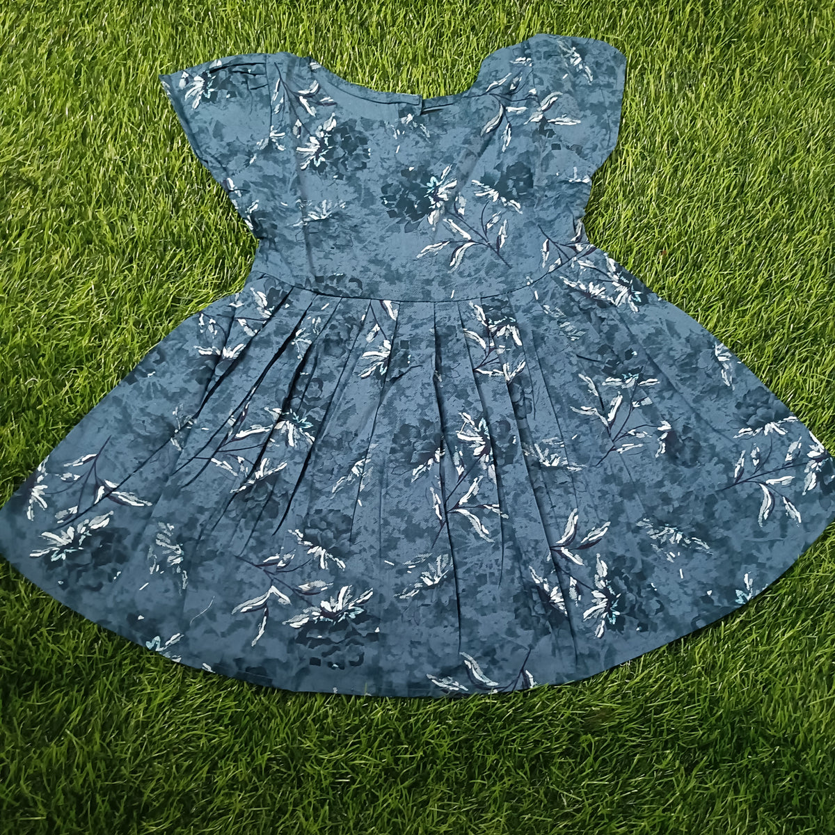 Kids Dark Blue Floral Print Short Sleeve Frock