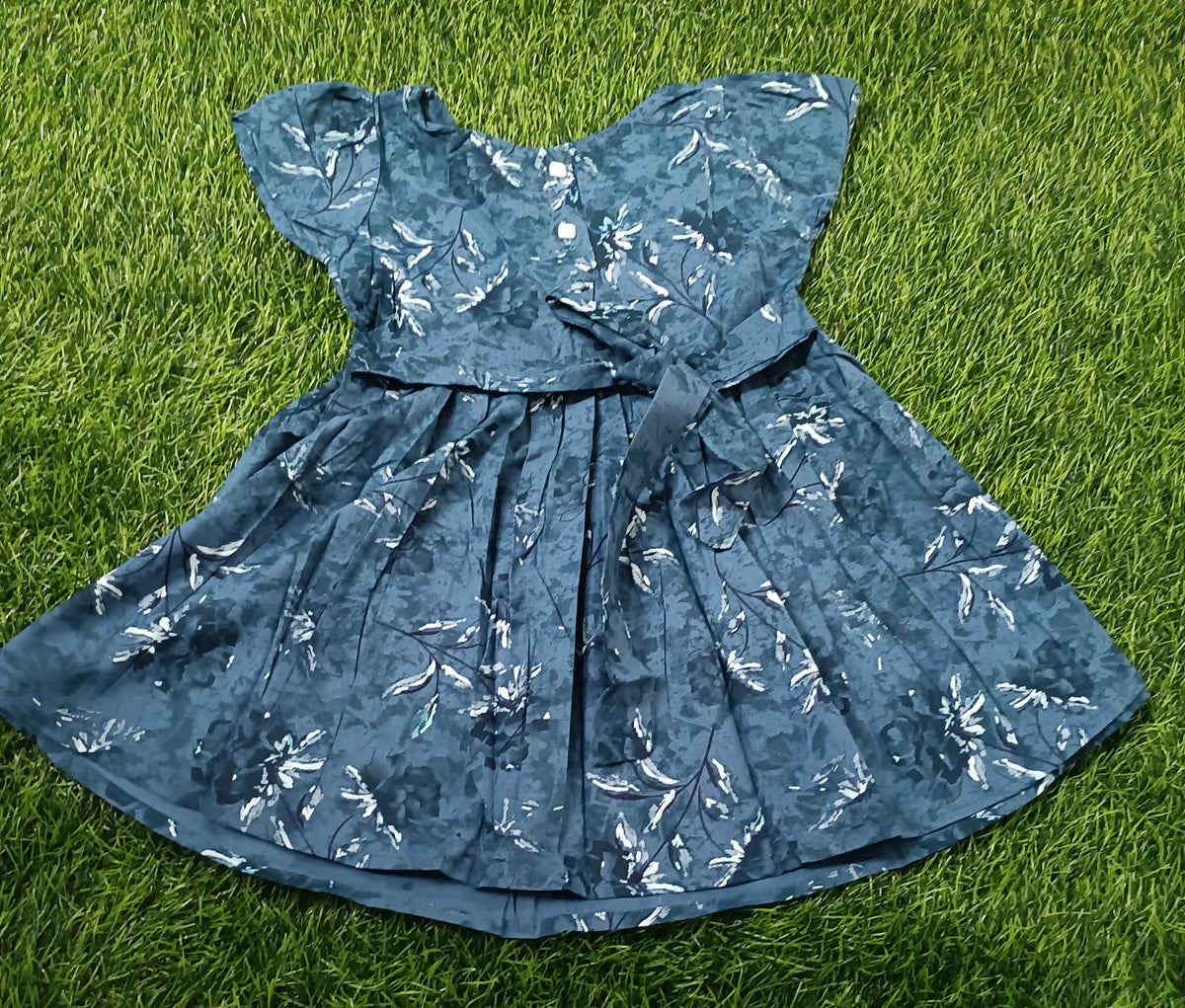Kids Dark Blue Floral Print Short Sleeve Frock