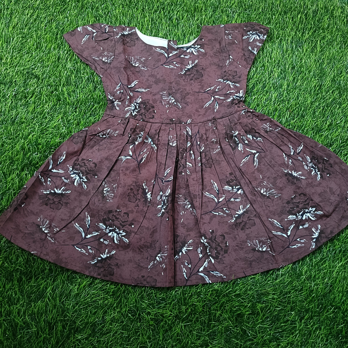 Kids Dark Brown Floral Print Short Sleeve Frock
