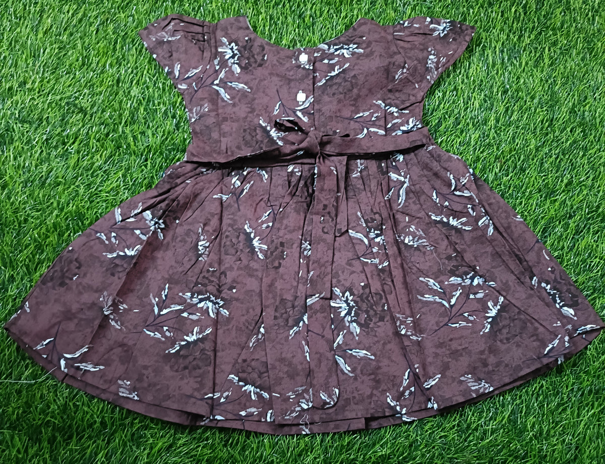 Kids Dark Brown Floral Print Short Sleeve Frock