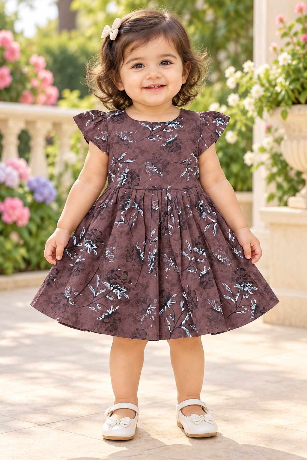 Kids Dark Brown Floral Print Short Sleeve Frock