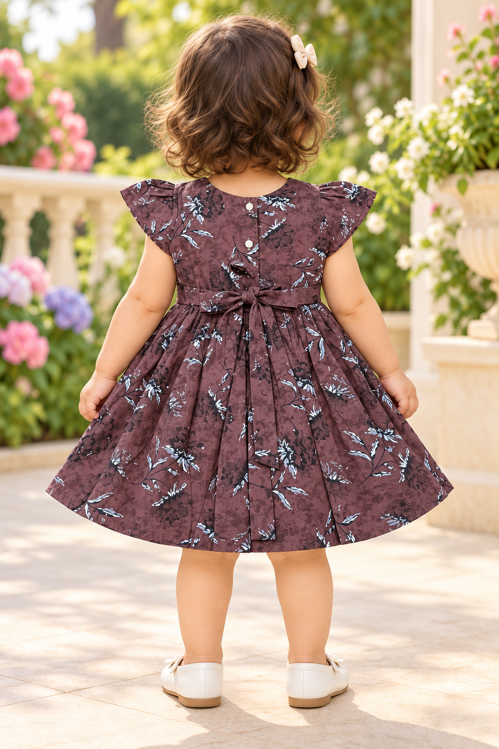 Kids Dark Brown Floral Print Short Sleeve Frock