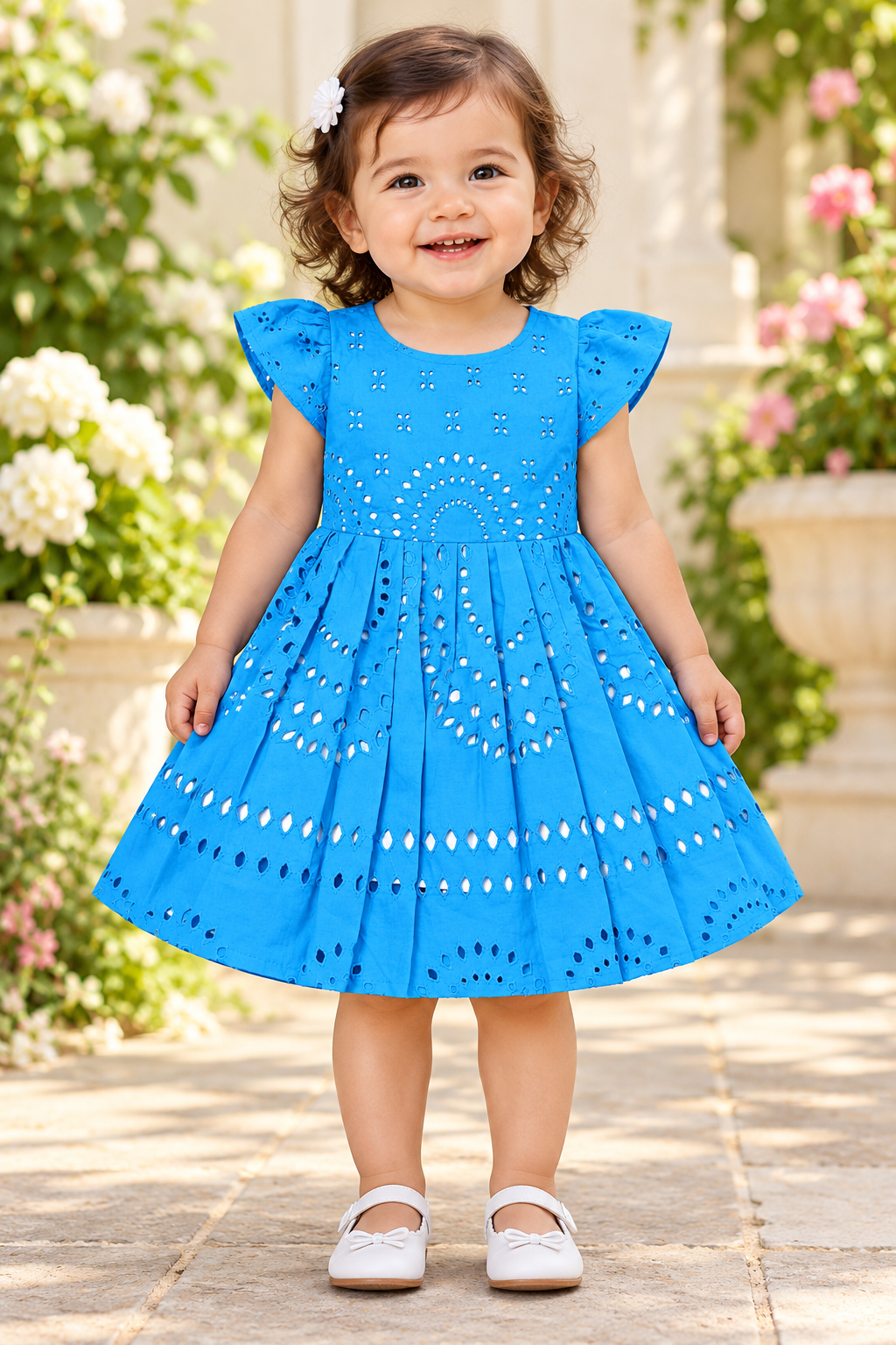 Kids Bright Blue Eyelet Short Sleeve Frock