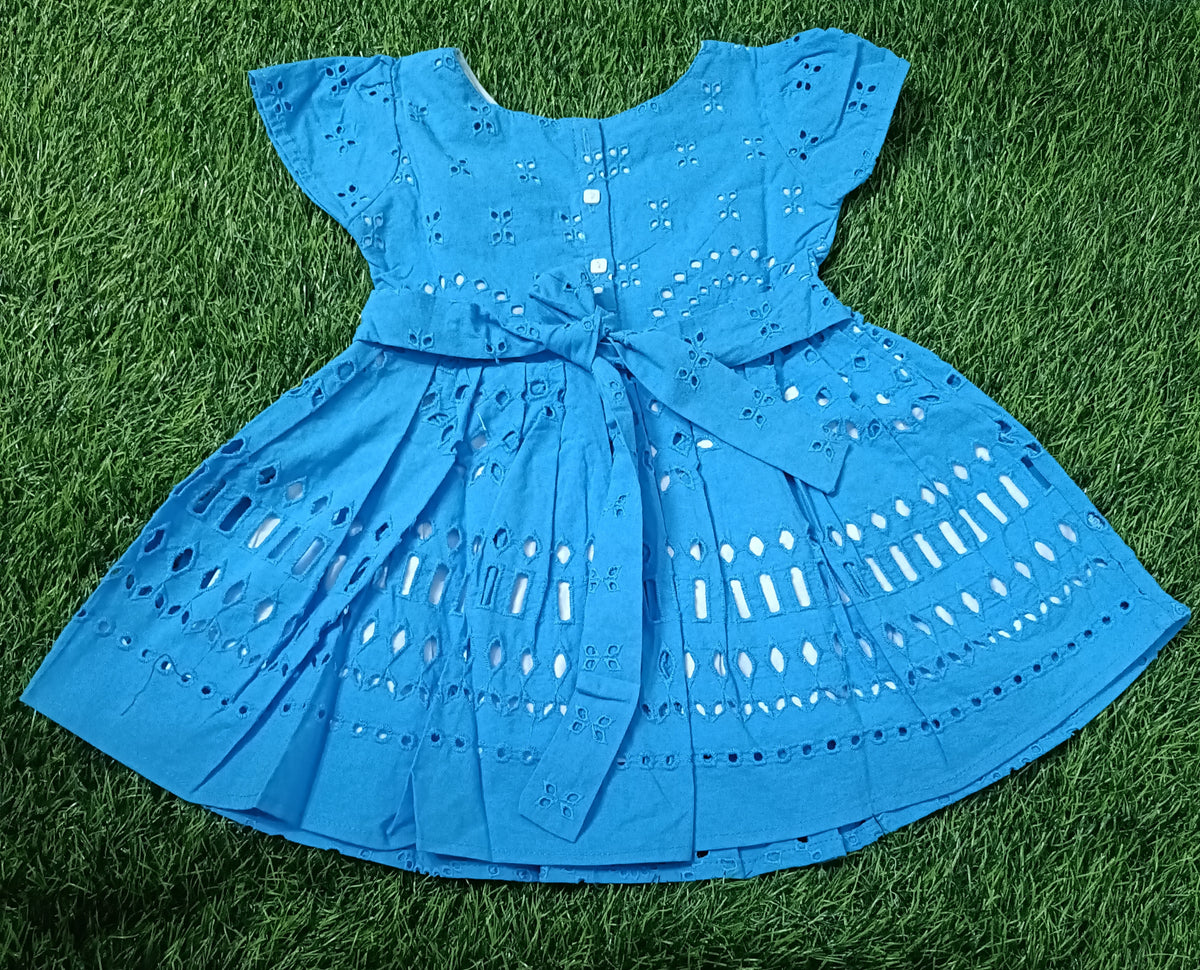 Kids Bright Blue Eyelet Short Sleeve Frock