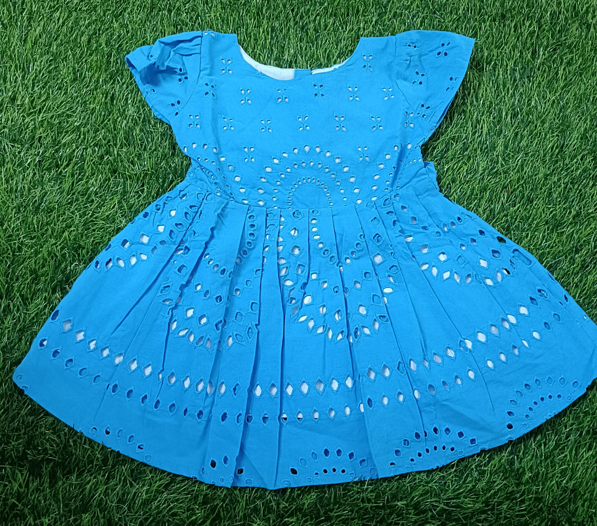 Kids Bright Blue Eyelet Short Sleeve Frock
