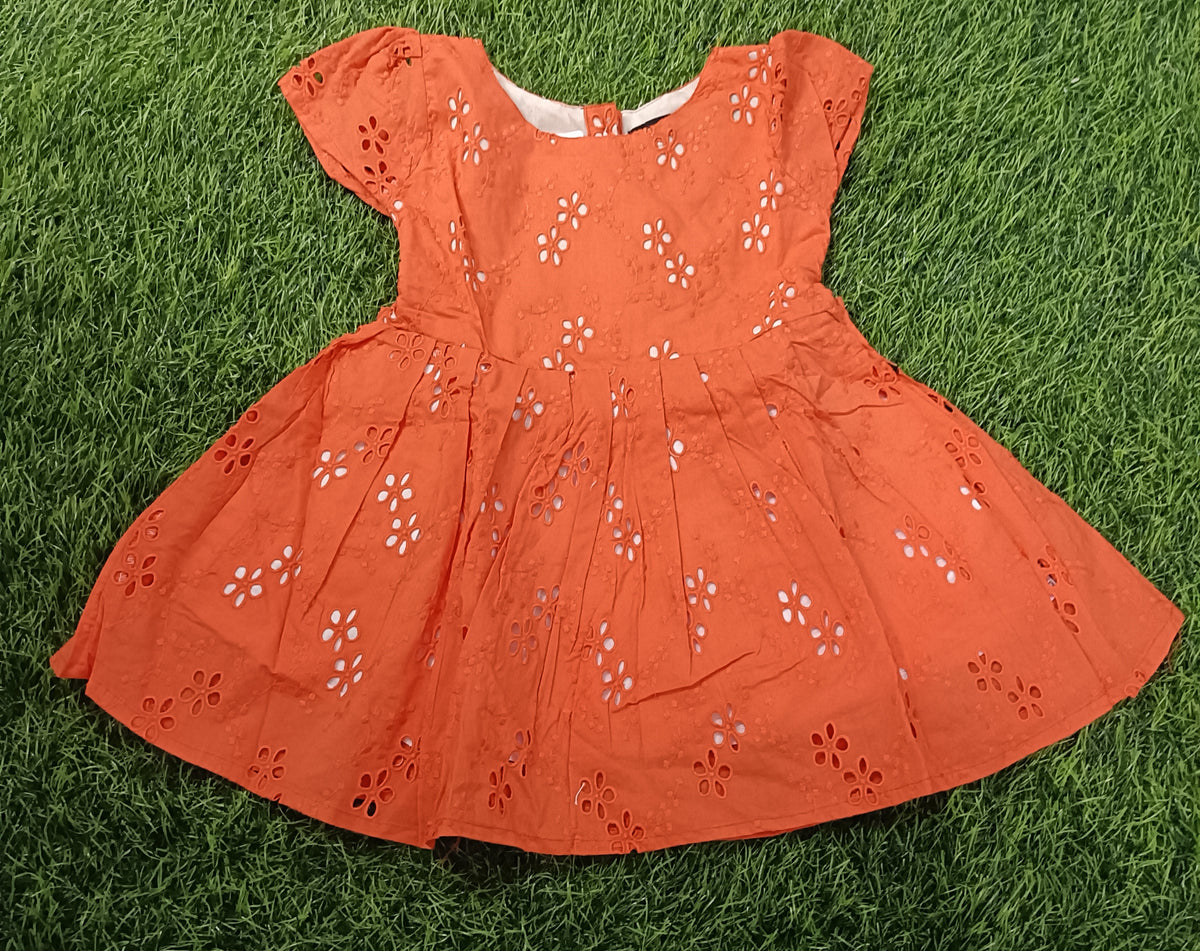 Kids Orange Eyelet Short Sleeve Party Frock