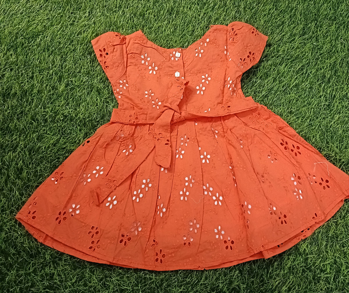 Kids Orange Eyelet Short Sleeve Party Frock