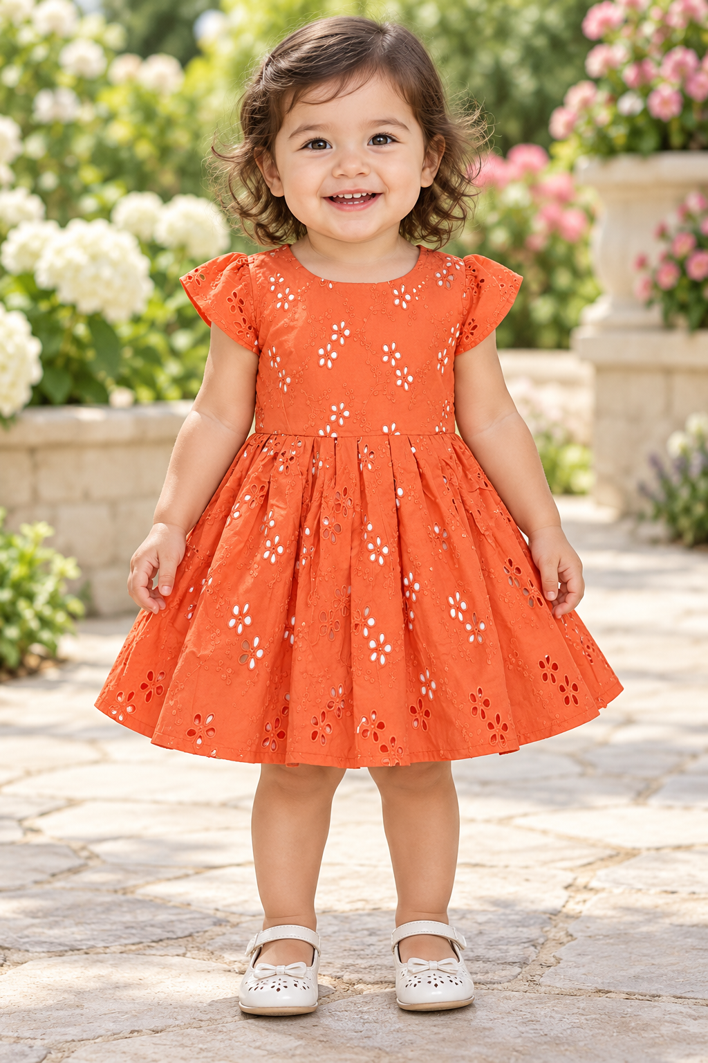 Kids Orange Eyelet Short Sleeve Party Frock