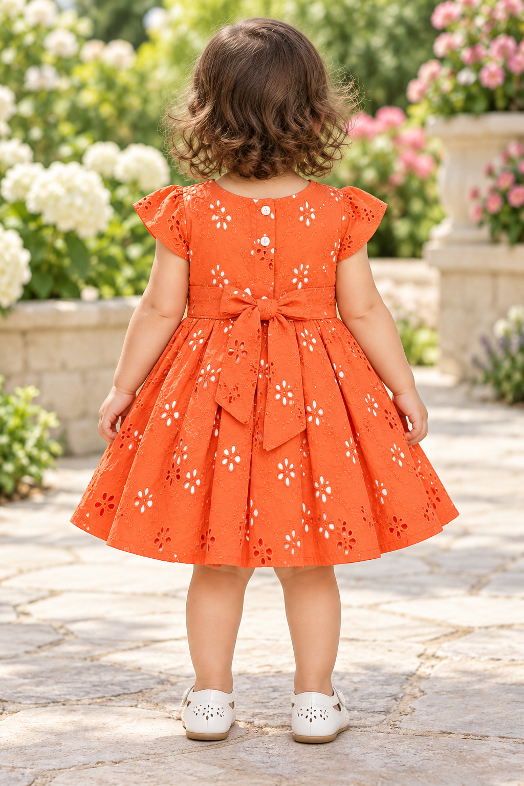 Kids Orange Eyelet Short Sleeve Party Frock