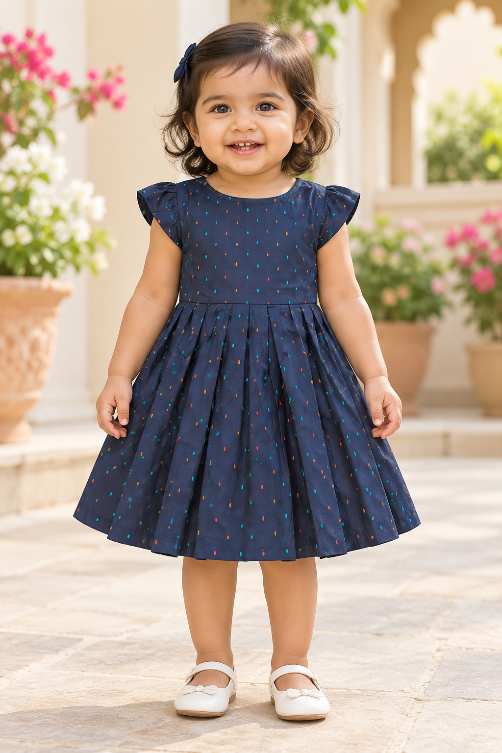 Kids Navy Blue Dotted Short Sleeve Frock