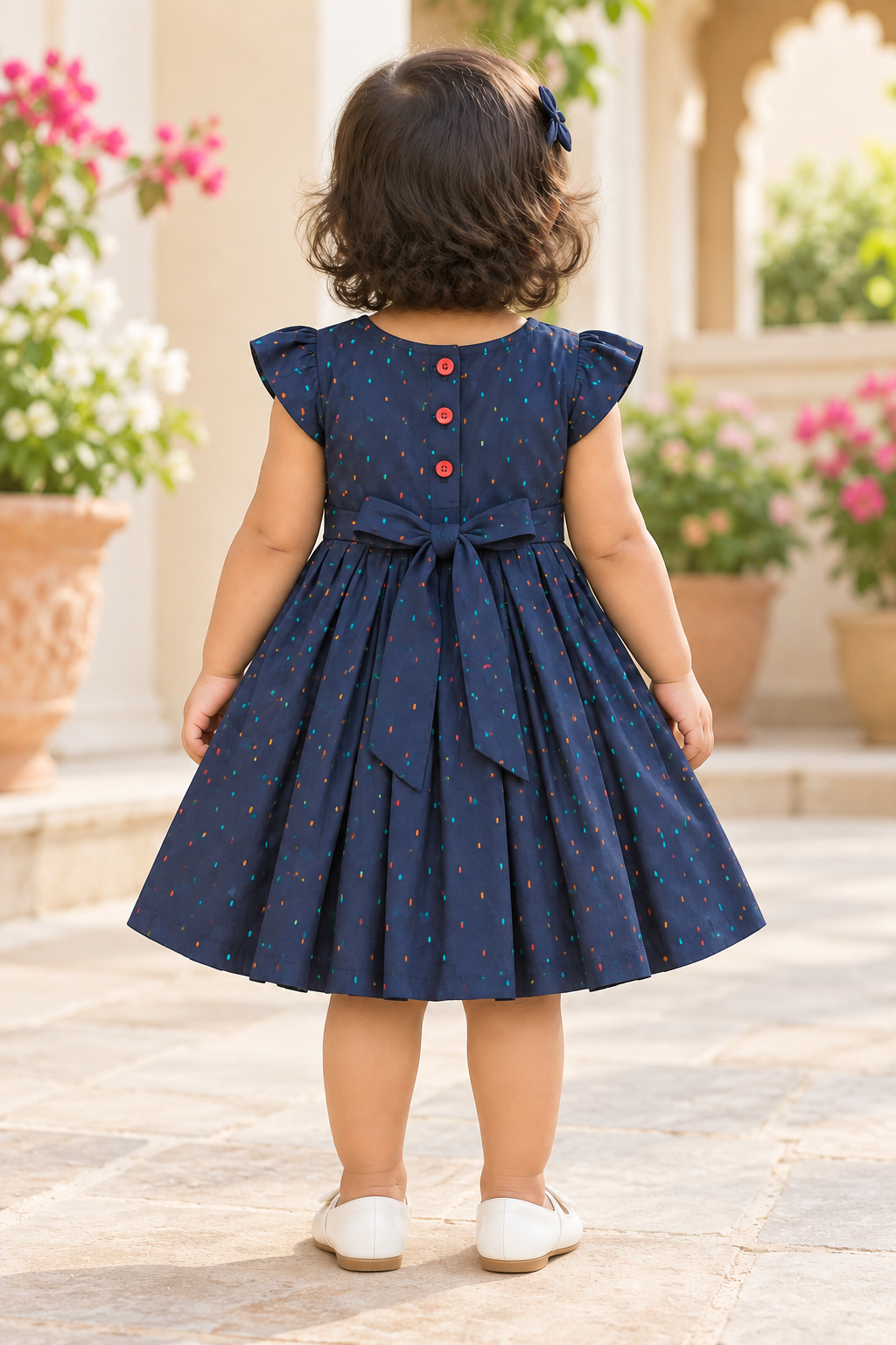 Kids Navy Blue Dotted Short Sleeve Frock
