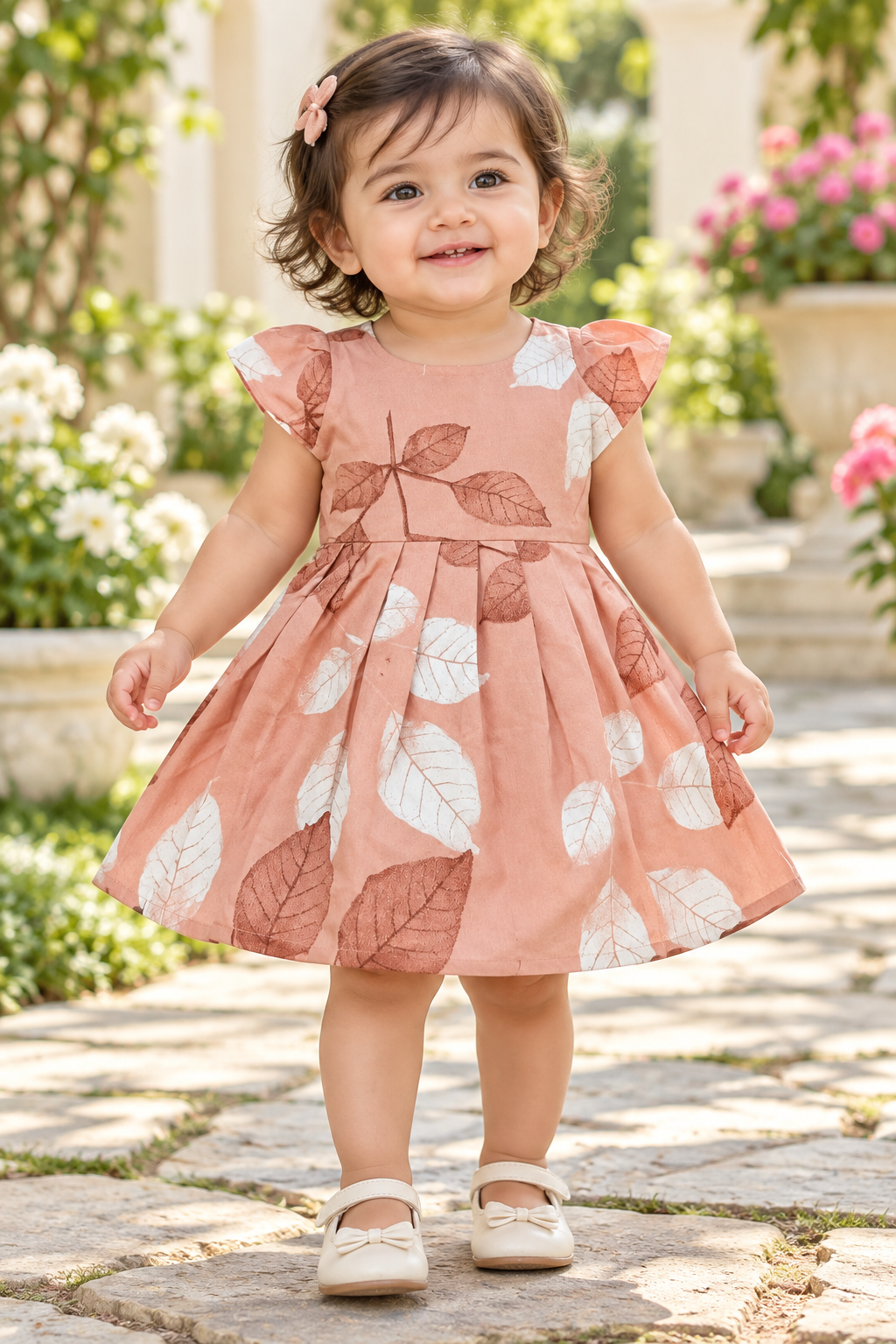Kids Peach Leaf Print Short Sleeve Frock