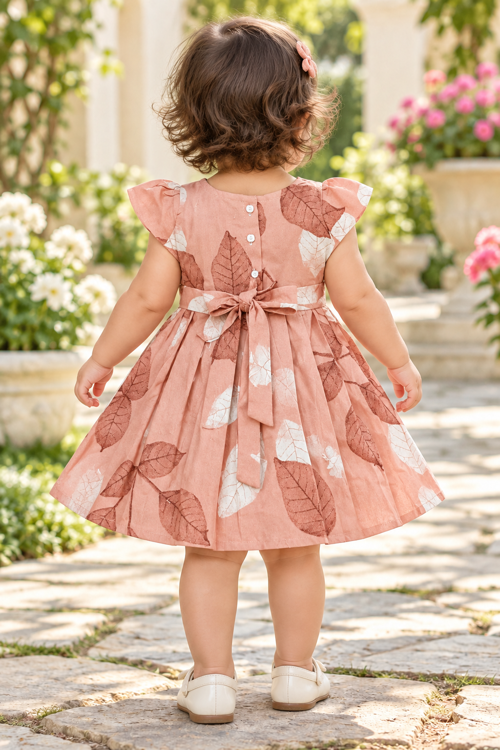 Kids Peach Leaf Print Short Sleeve Frock