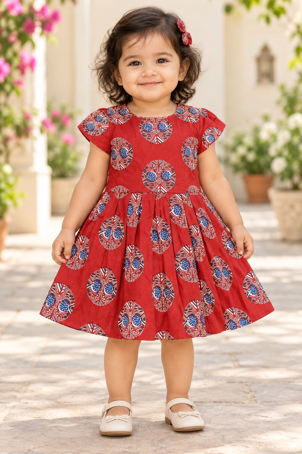Kids Red Printed Short Sleeve Frock