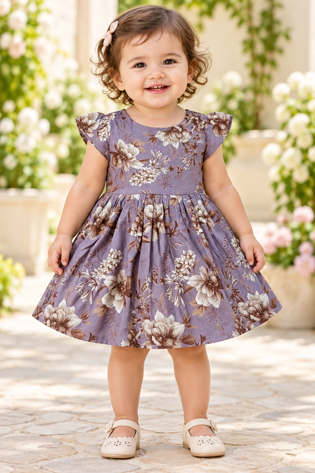 Kids Lavender Floral Print Short Sleeve Frock