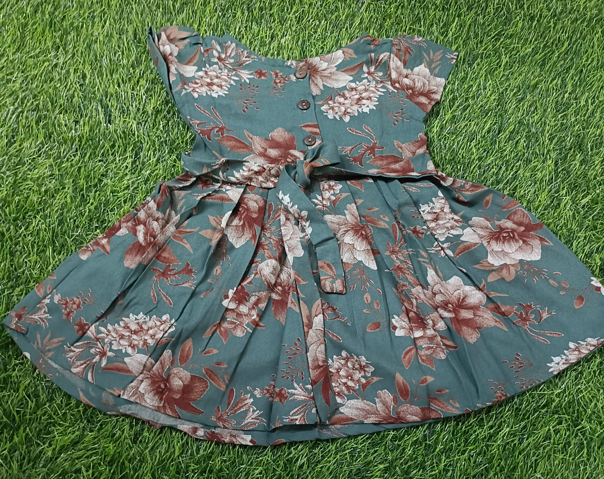 Kids Teal Green Floral Print Short Sleeve Frock