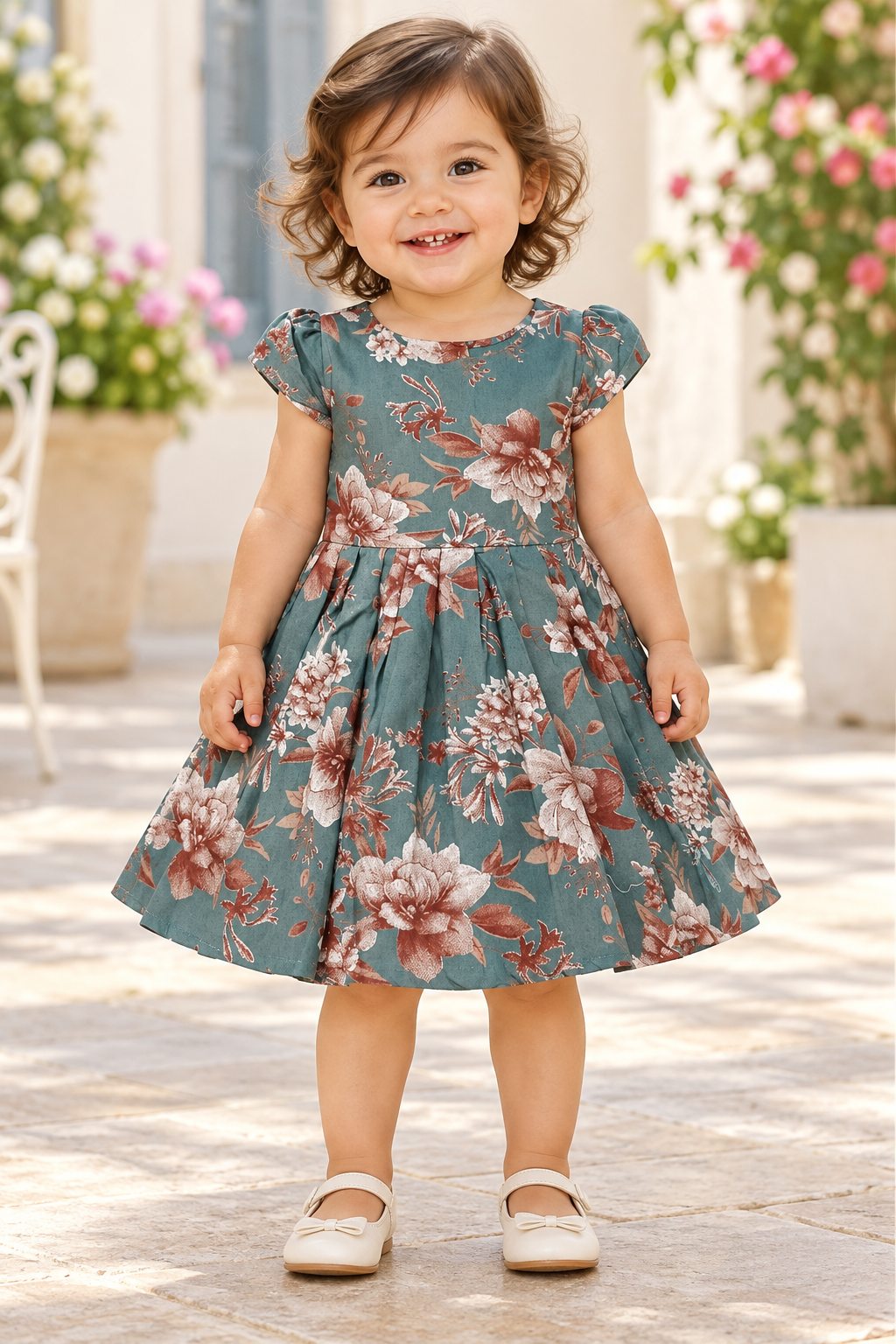 Kids Teal Green Floral Print Short Sleeve Frock