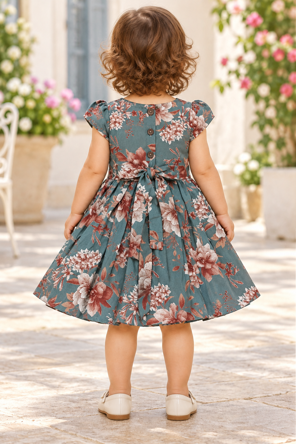 Kids Teal Green Floral Print Short Sleeve Frock