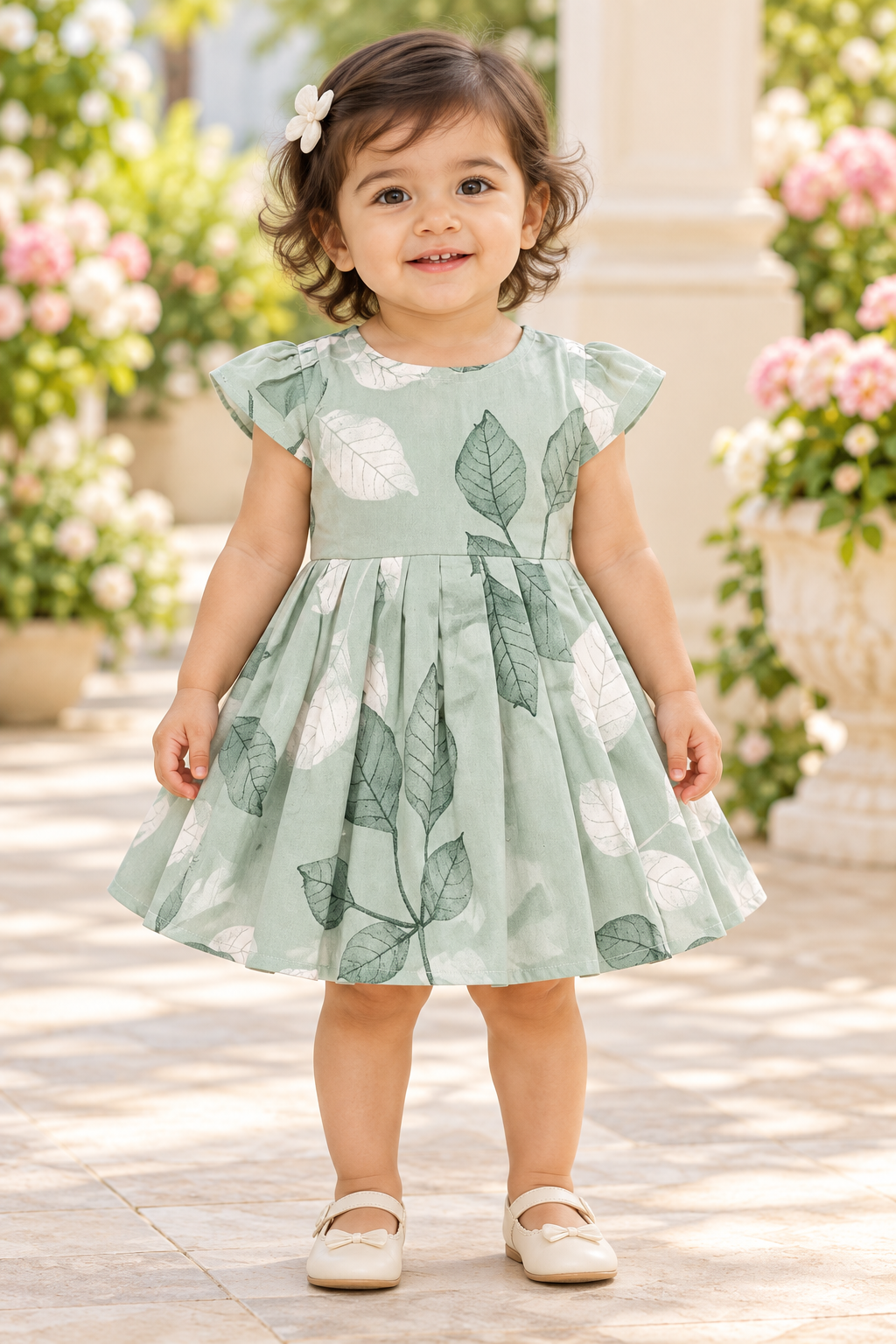Kids Sage Green Leaf Print Short Sleeve Frock