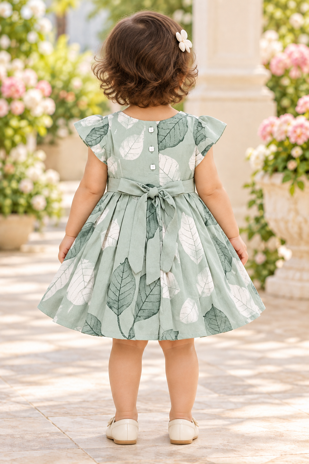 Kids Sage Green Leaf Print Short Sleeve Frock