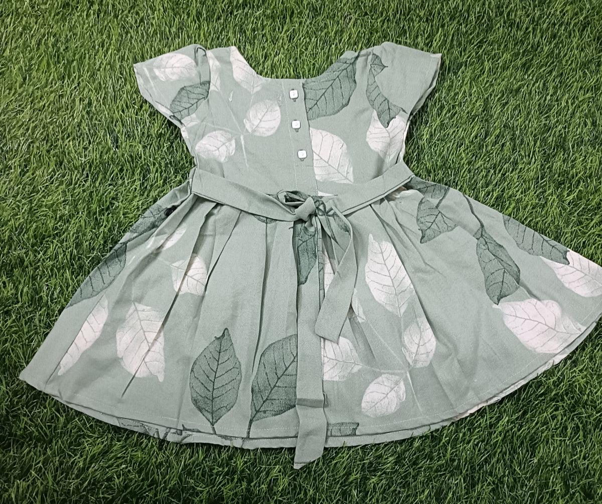 Kids Sage Green Leaf Print Short Sleeve Frock