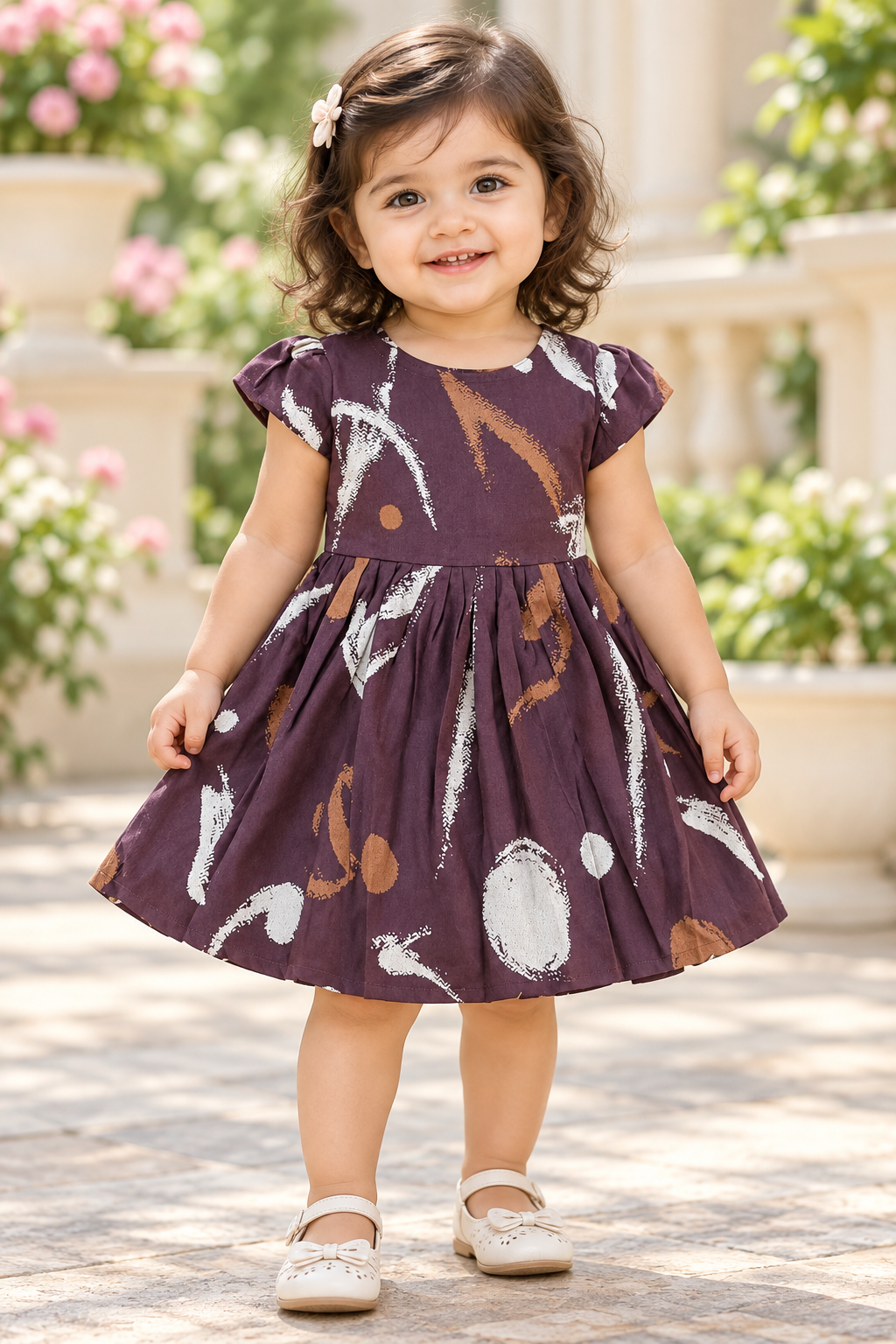 Kids Dark Purple Abstract Print Short Sleeve Frock