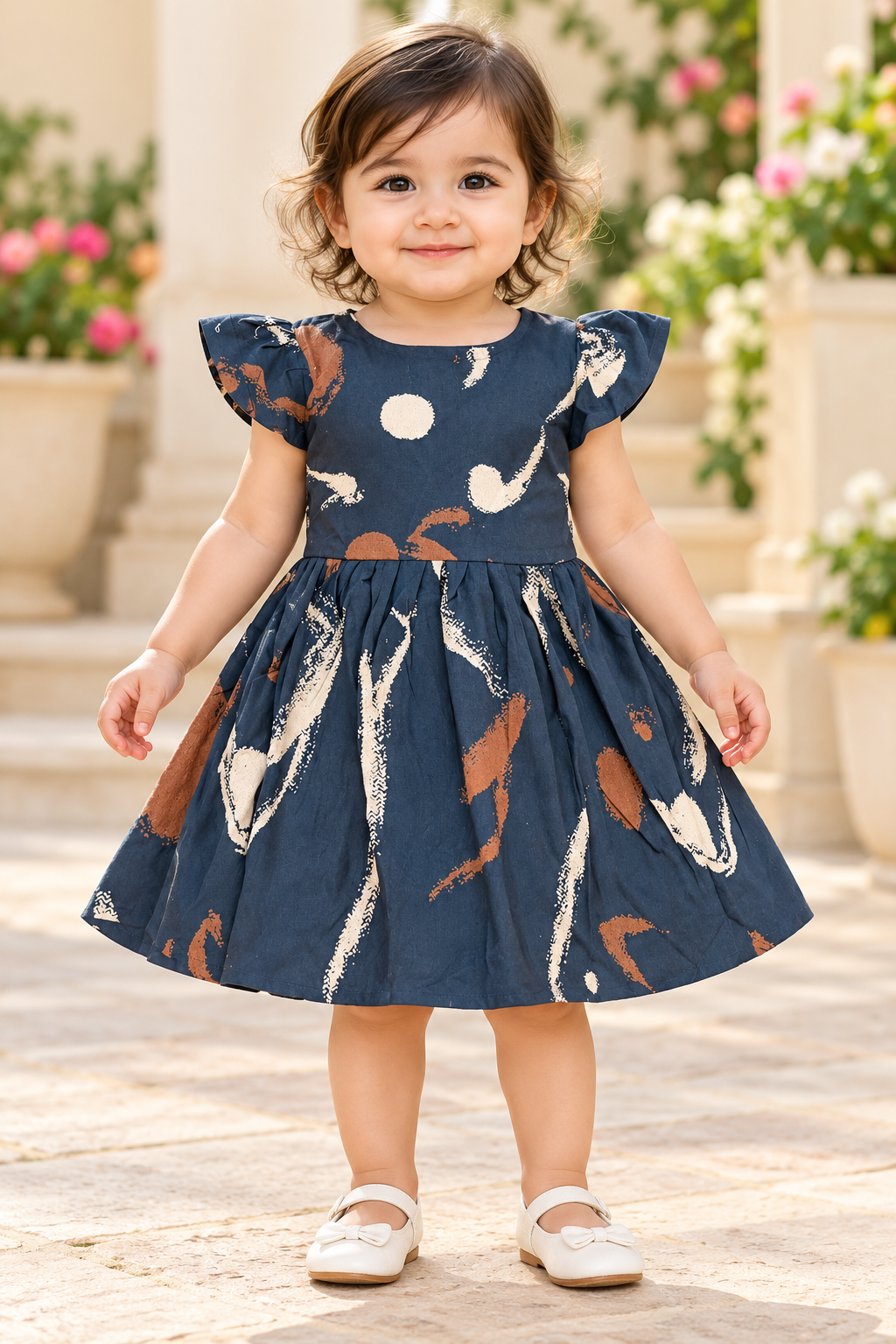 Kids Dark Teal Abstract Print Short Sleeve Frock