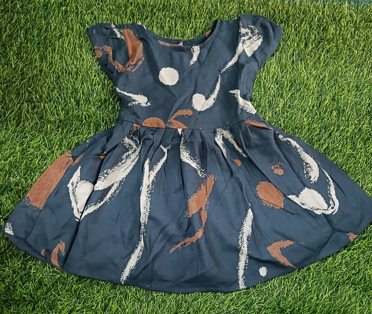 Kids Dark Teal Abstract Print Short Sleeve Frock