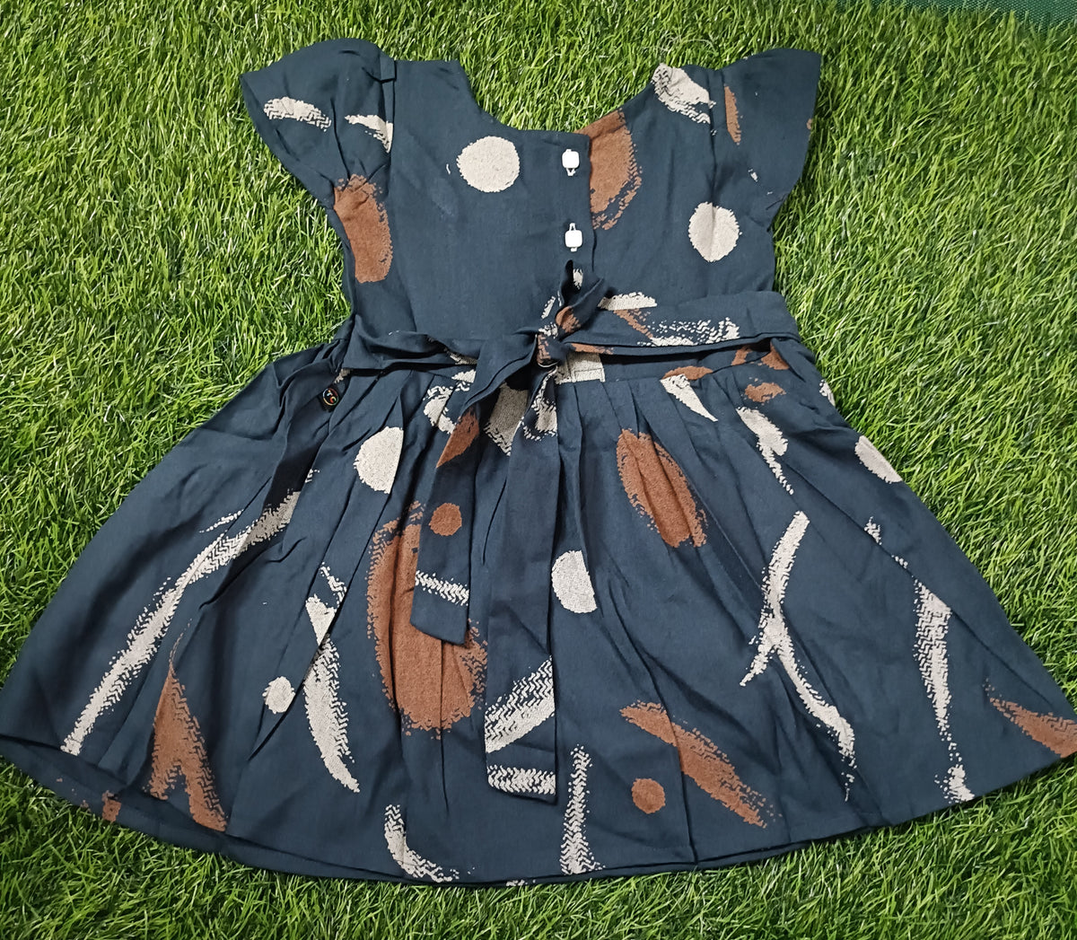 Kids Dark Teal Abstract Print Short Sleeve Frock