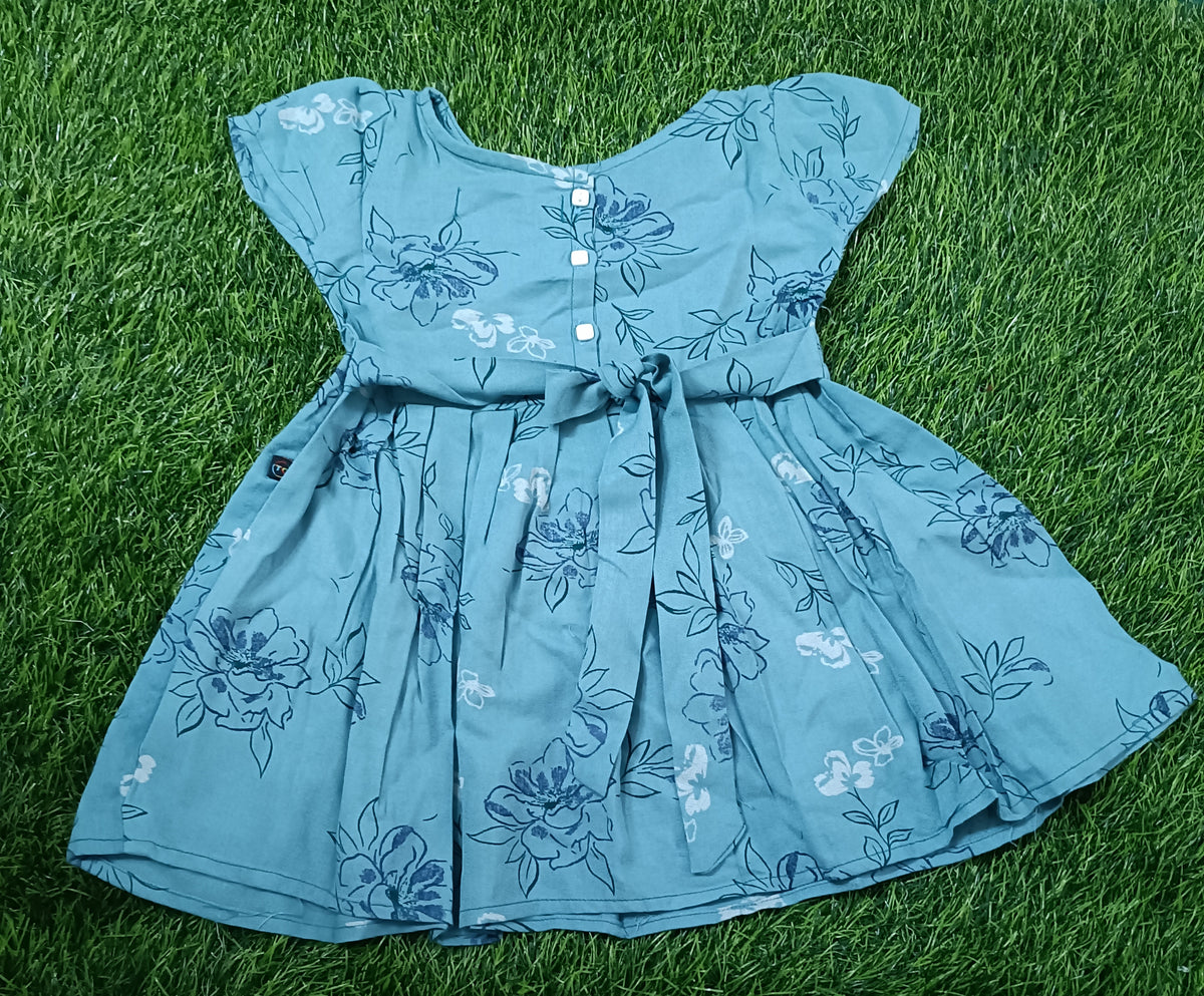 Kids Sky Blue Floral Print Short Sleeve Frock