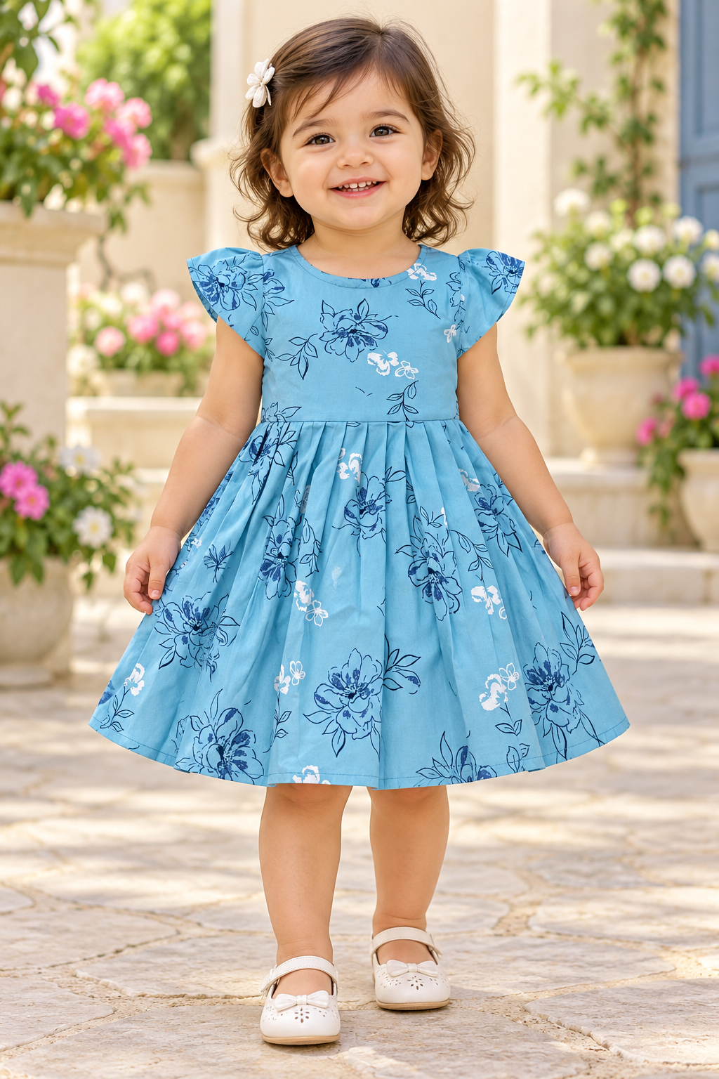 Kids Sky Blue Floral Print Short Sleeve Frock