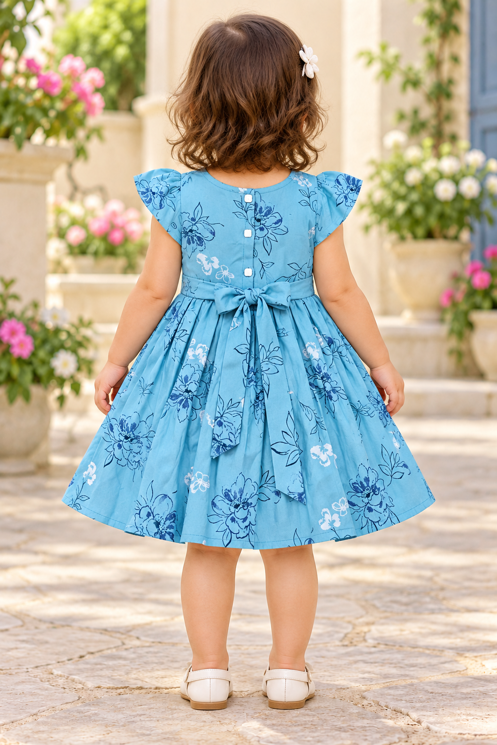 Kids Sky Blue Floral Print Short Sleeve Frock