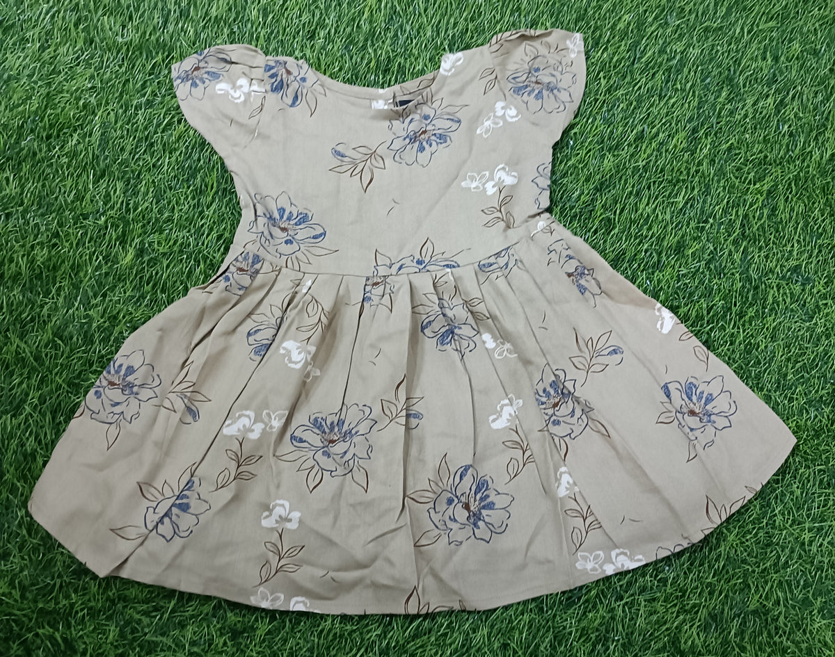 Kids Beige Floral Print Short Sleeve Frock